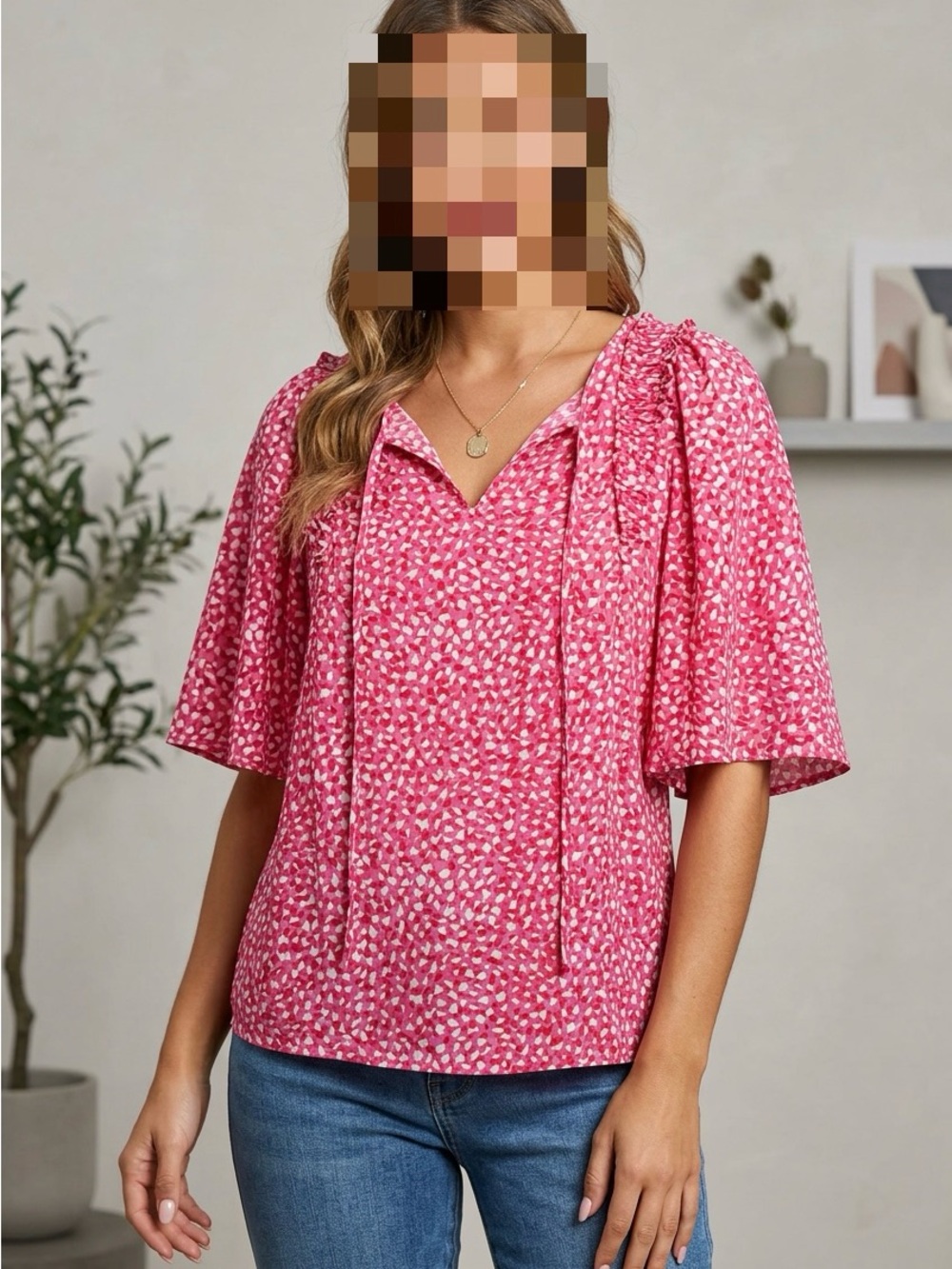 JODIFL Pink and White Printed V-Neck Flutter Sleeve Blouse